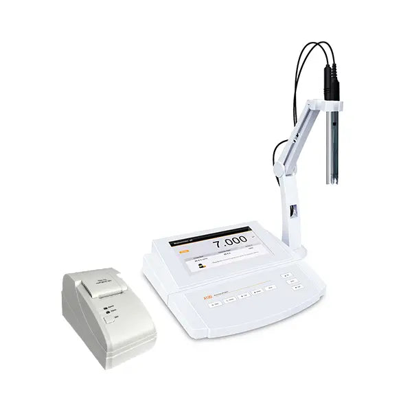 Digital pH meter with a probe on a white background