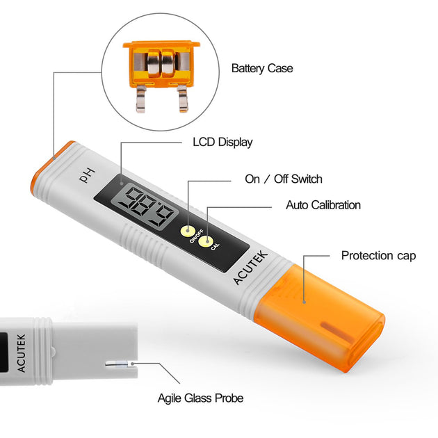 Digital pH meter with labeled parts on a white background