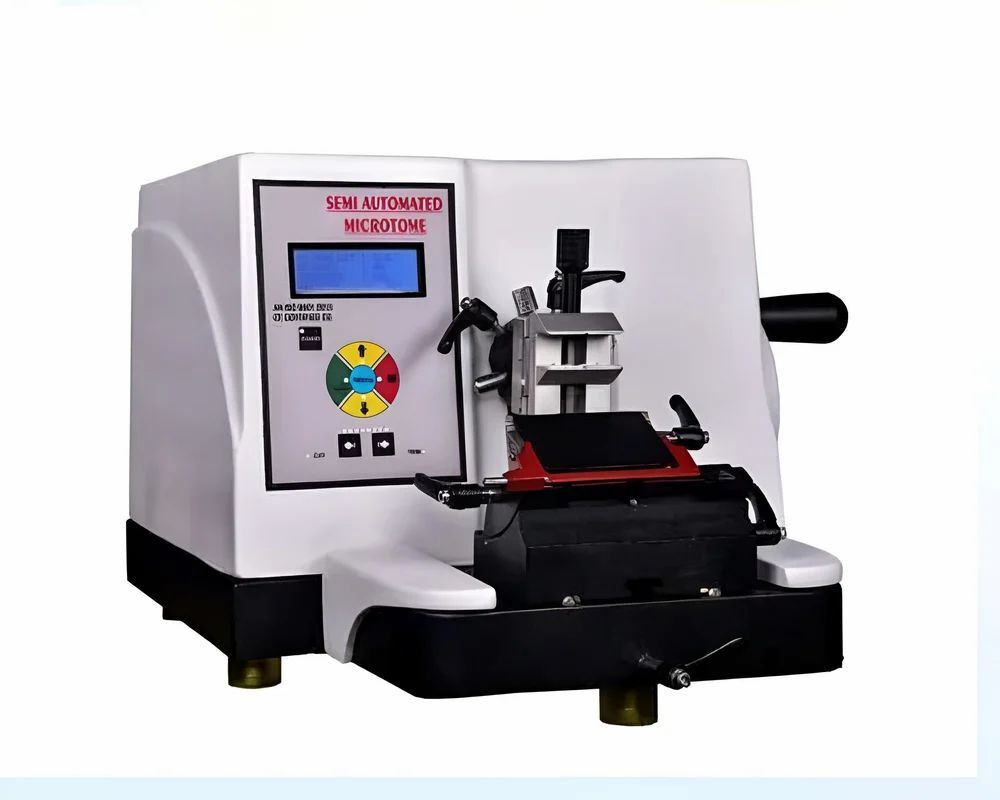 Semi-automated microtome machine on a white background