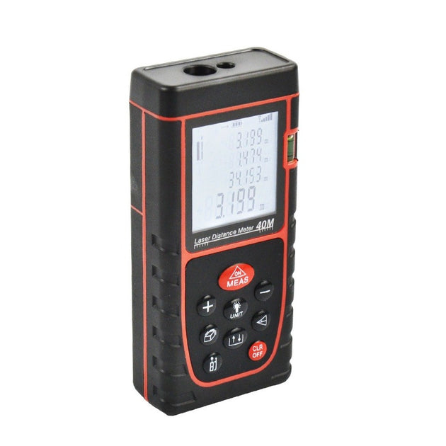 Laser distance meter with digital display on a white background