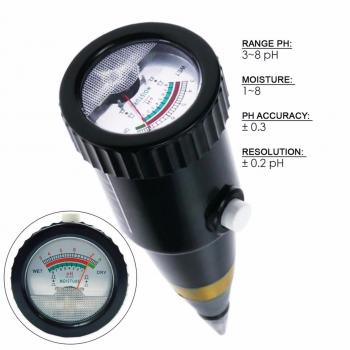Black pH meter with two circular gauges on a white background